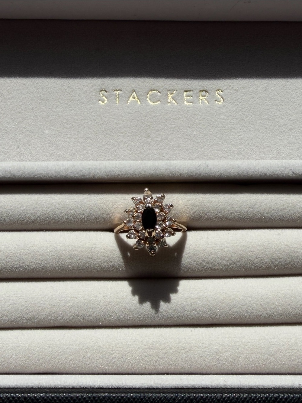 Vintage Style Starburst Halo Statement Ring – Gold Tone with Dark Marquise Cente